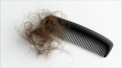 Hair loss problem with brown strands on a black comb, symbolizing alopecia, shedding, and health concern, showing hair fall on a white background