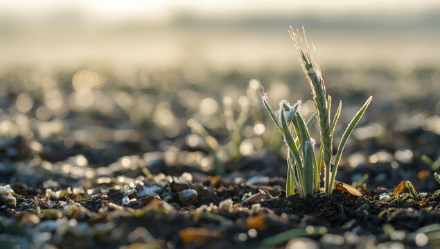 Young green wheat germ sprouts illuminated by sunlight with ice crystals, emphasizing seasonal growth and frost resilience, winter wheat varieties