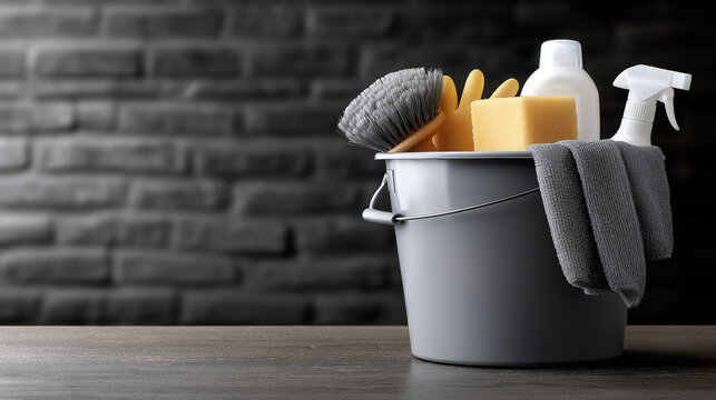 Cleaning bucket filled with various household supplies, highlighting tools and products for effective domestic sanitation, hygiene, and maintenance tasks with copy space