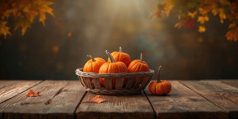 A fall scene with pumpkins and a basket on a rustic table, emphasizing seasonal harvest decor