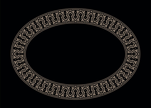 Gold Oval frame with an ornate, repeating pattern. The intricate, stylized motifs lend an elegant and timeless aesthetic to the design. Mosaic decorations. Cairo.