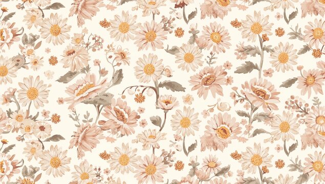Vector artwork featuring a seamless design of daisies and an orange blossom on a gentle background, suitable for editorial header background