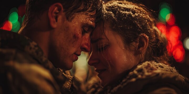 Emotional romantic close-up, handsome soldier in uniform with snow on his shoulders, leaning his forehead against his partner's forehead, both crying happy tears of relief - Powered by Adobe
