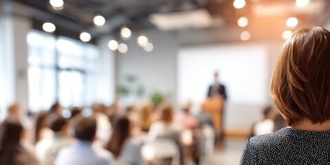 Blurred audience at a conference university lecture hall high-quality presentation by speaker on scientific training workshop