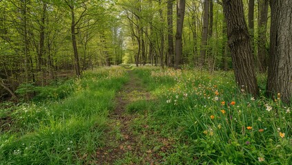 Winding woodland trail, seasonal change
