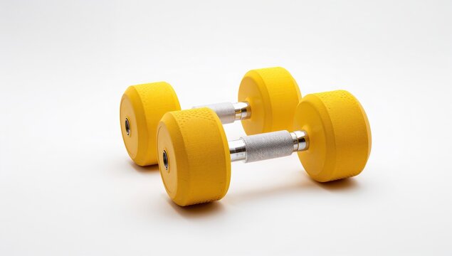 Two yellow workout dumbbells with rubber or plastic coatings, specialized exercise tools for strength training