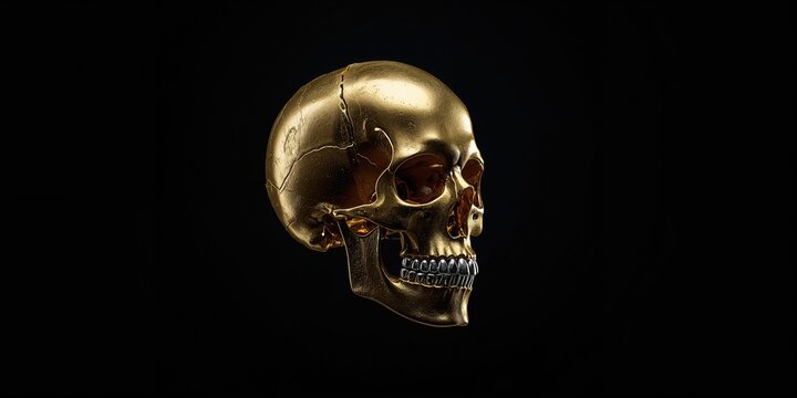 Human female skull with silver teeth on black background, emphasizing dental restoration techniques