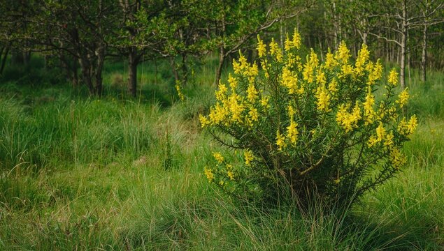 Gorse bush with yellow flowers, emphasizing seasonal bloom for environmental preservation awareness