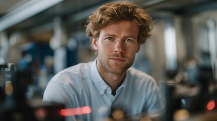 A laser technician calibrating a high-precision industrial cutting laser inside a manufacturing lab, red alignment beams reflecting off stainless-steel surfaces — advanced fabrication, precision
