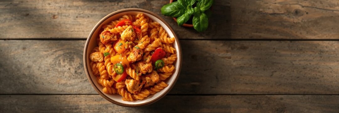 Cooked cellentani pasta with cooked chicken breast and peppers in a spicy tomato and jalapeno dressing, protein-rich meal for flavor enhancement