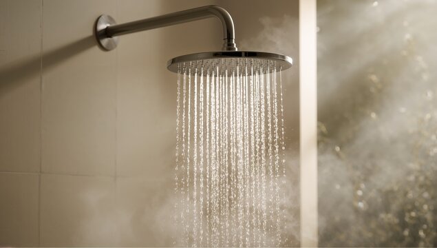 Head shower with running water, designed for hygiene and refreshment, bathroom fixture maintenance