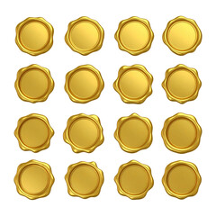 A set of blank gold wax seals, round, metallic, isolated on transparent background, PNG
