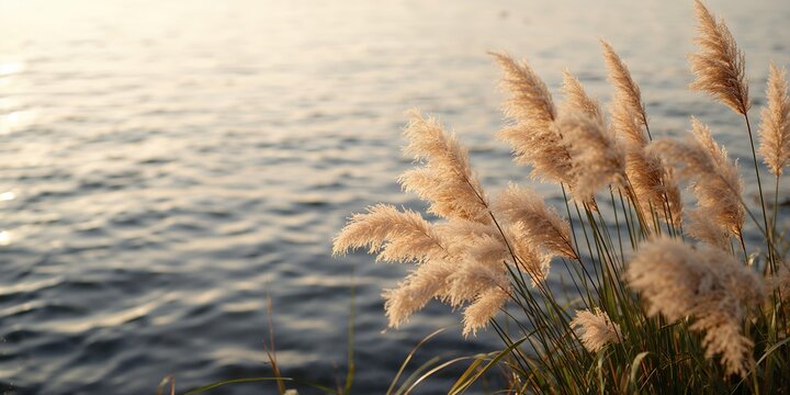 Closeup of soft fluffy reeds near a lake at sunset, highlighting natural water and plant textures, Earth Day - Powered by Adobe