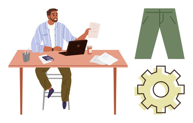 Man sitting at desk, analyzing document with laptop and phone. Includes pants and gear metafor, ideal for business, workflow, fashion, organization, productivity mechanics creative work. Simple
