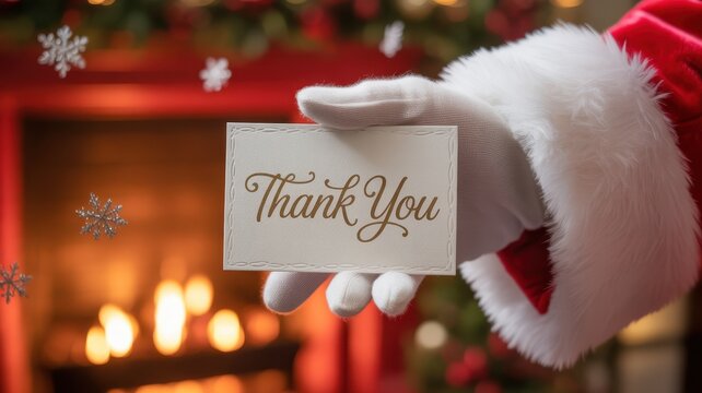Santa claus extends a thank you card in front of a warm fireplace