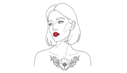 Minimal beauty portrait illustrated in vector showing floral tattoo and red accents on face