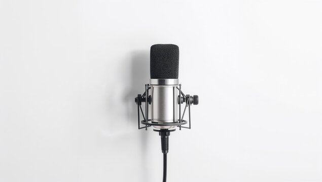 Professional studio microphone with pop filter for voice recording, used in audio production