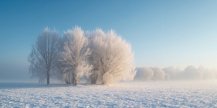 Winter landscape with frost-covered trees under a clear sky, emphasizing seasonal change and natural preservation, Earth Day