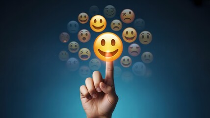A finger pointing to a happy emoji surrounded by other emoji faces