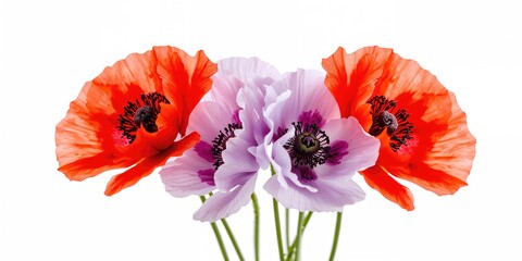 Obraz premium Close-up of red and lilac poppy flowers with large depth of field, suitable as a floral background for text layout