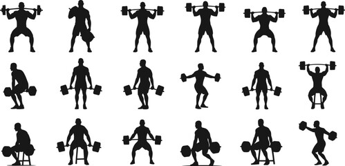 Weightlifting silhouette set, gym workout poses, dumbbell and barbell exercises, fitness training vector, strength movement icons, bodybuilding clipart collection