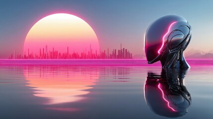 A metallic, futuristic robot head with glowing pink accents emerges from calm water. In the background, a vibrant cityscape is silhouetted against a large, pink