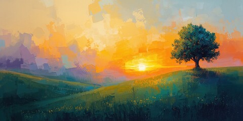 Abstract oil painting of an outdoor landscape with colorful yellow and purple sky, featuring a semi-abstract tree, hill, and meadow, landscape background