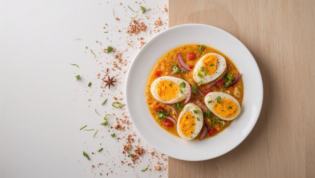 Fried hot boiled egg masala served as a nutritious breakfast or starter in Indian cuisine, emphasizing fiber-rich ingredients - Powered by Adobe