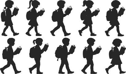 School children silhouette, walking students, backpack icons, educational vector, diverse kids, black illustration, childhood activity, learning journey, student clipart, academic theme