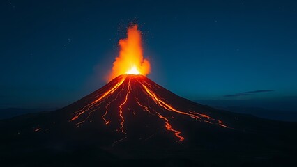destructive. Volcanic eruption at night, lava flow creating a fiery crown against the dark sky. ESG reports, sustainability campaigns, designed for sustainability communications and ESG reporting.