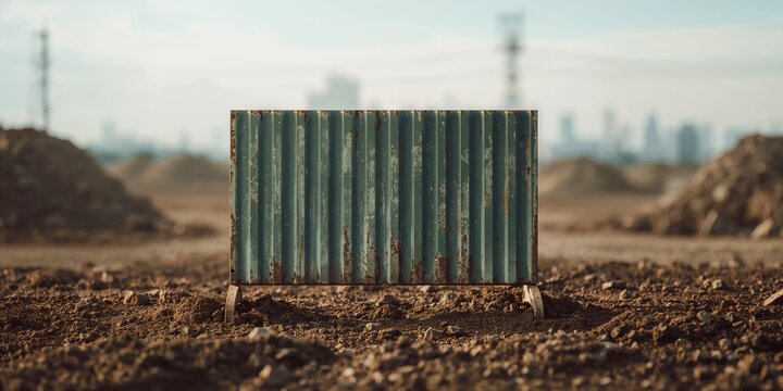 Blurred urban construction scene with weathered barrier and dirt pile, green metallic surface for background use