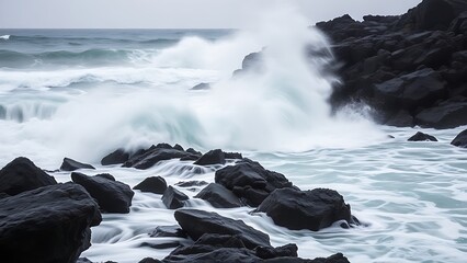 violently. Stormy ocean waves crashing against dark rugged rocks, dramatic seascape with motion blur and overcast sky. travel magazines.