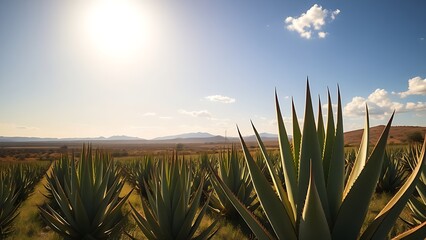 agave. Agave plants growing in a field under golden sunlight. gardening catalogs, home-decor guides, botanical posters, designed for gardening and botanical catalogs, used by SEO specialists.