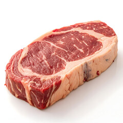 A raw ribeye cut of beef steak is isolated on a plain white background, highlighting its marbling, texture,
