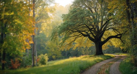 Trees in the forest during autumn showing falling leaves, seasonal change awareness day