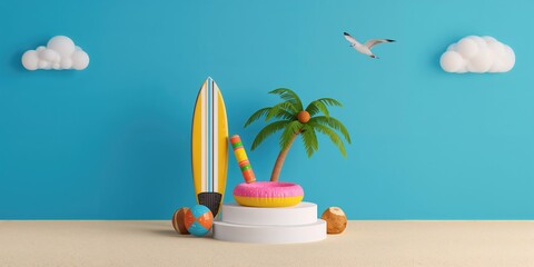 Tropical beach accessories and aquatic workout gear set against a vibrant blue background, suitable for summer beach activities