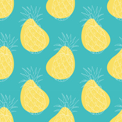 Bright summer pineapple pattern featuring pineapple outline and yellow spots on vibrant blue background. Summer Vibe.