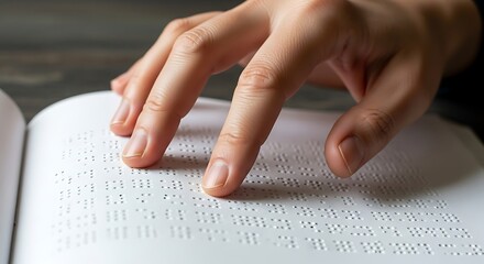 Closeup of a persons hand reading braille text in a book, showcasing the tactile reading method for visually impaired individuals