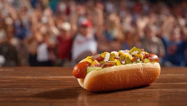 Hot dog served at a baseball game, emphasizing processed meat consumption, snack food, game day eating, World Food Day