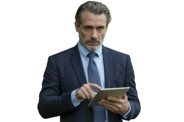 Mature businessman using a tablet, isolated on transparent background