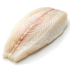 A raw white fish fillet is isolated on a clean white background, highlighting its freshness, texture