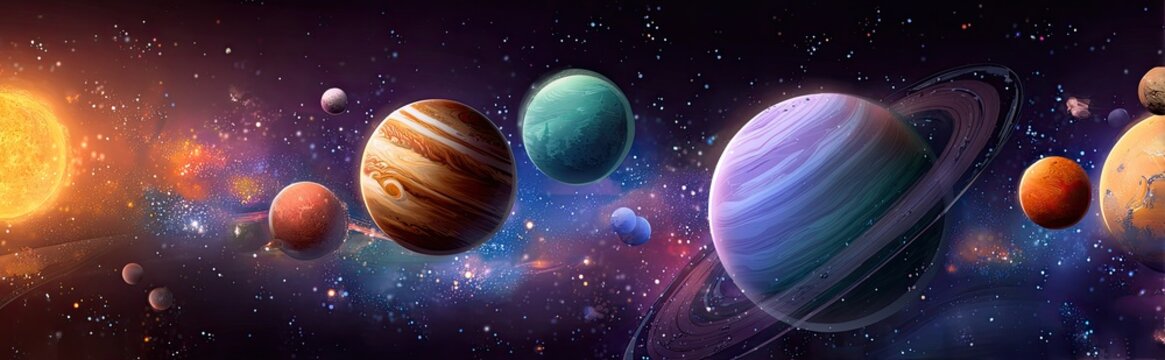 Colorful depiction of planets in the solar system against a starry nebula background