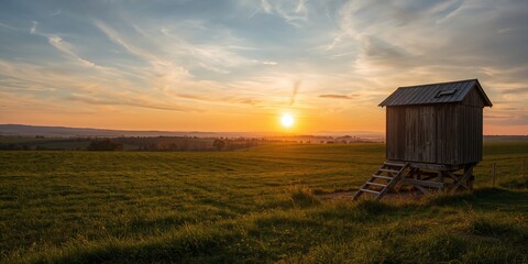 Observation tower in farmland at sunset provides a scenic backdrop for regional agricultural monitoring