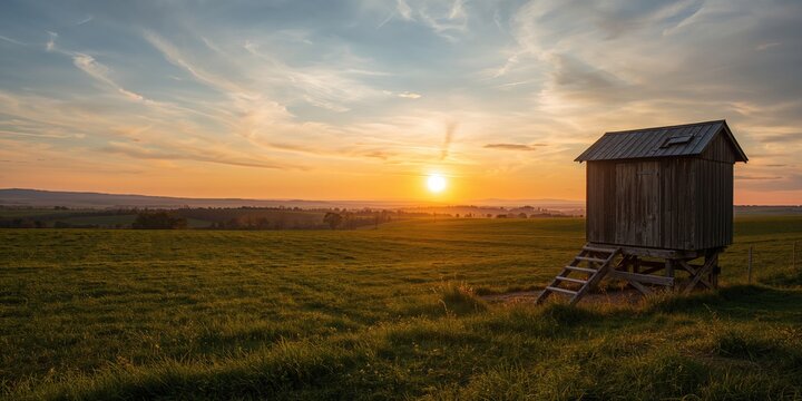 Fototapeta Observation tower in farmland at sunset provides a scenic backdrop for regional agricultural monitoring