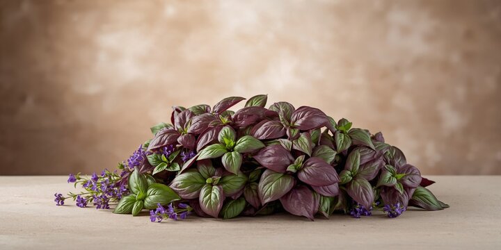 Ocimum basilicum purpurascens, purple and green basil leaves, used in culinary herb cultivation