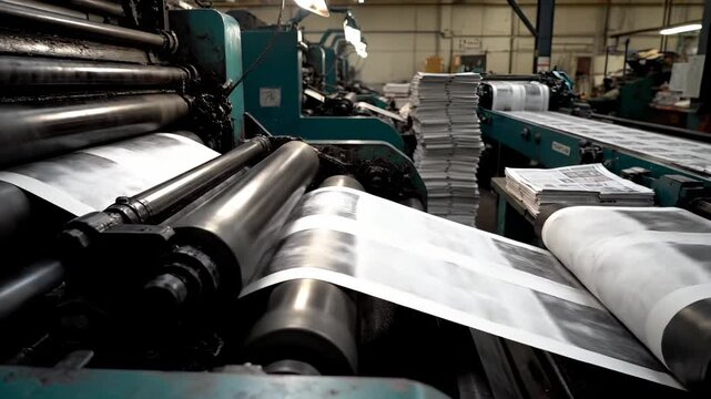 Printing press machine runs paper through rollers in factory. Industrial printer produces newspaper sheets. Press rollers feed paper in printing factory. Machine prints newspaper on production line.