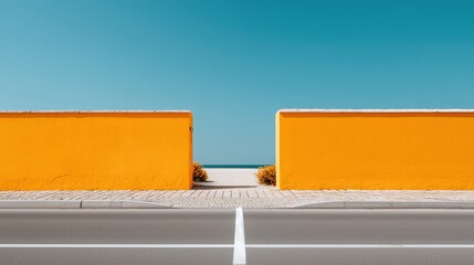 yellow wall on the street with white lines