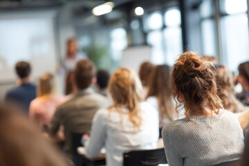 Blurred teacher presentation during education seminar for mba and phd students at university classroom group meeting environment with engaged audience listening