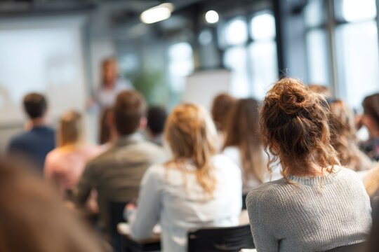 Blurred teacher presentation during education seminar for mba and phd students at university classroom group meeting environment with engaged audience listening
