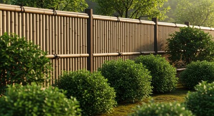 Fototapeta premium Traditional japanese bamboo fence with green bushes in a zen garden. Oriental natural privacy屏風. Asian outdoor decor and nature.
